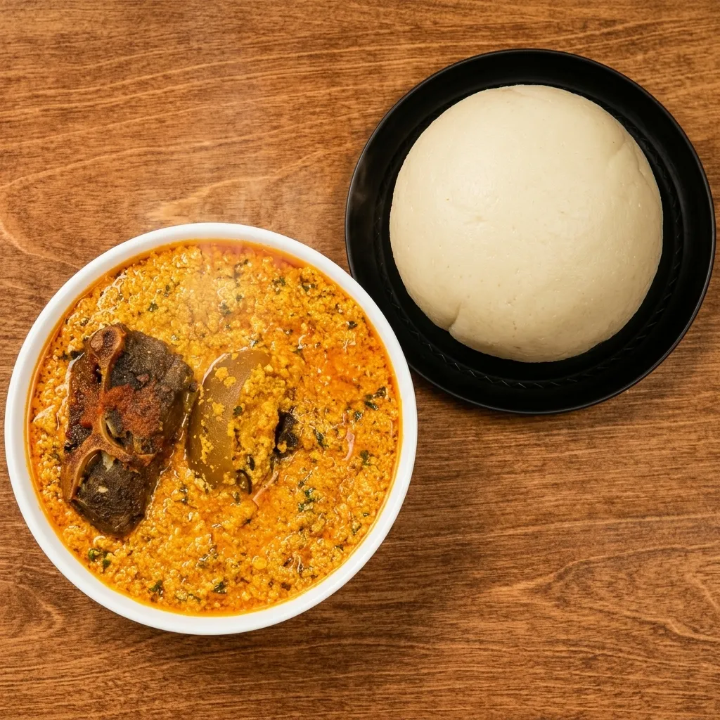 Egusi soup with 1 pc swallow and 1 pc meat combo at Village Pot in Winnipeg, MB