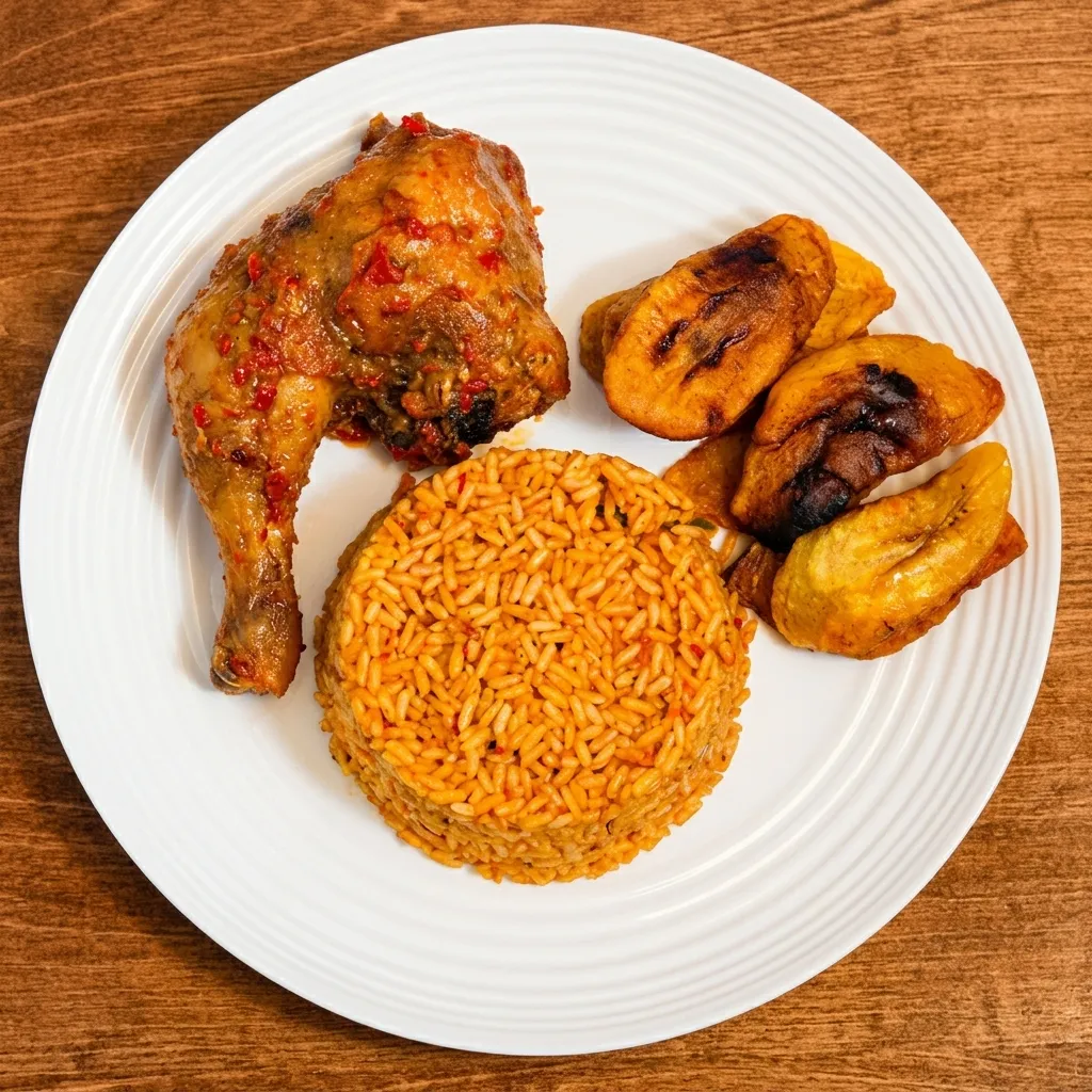 Jollof rice with stewed goat meat at Village Pot Nigerian restaurant in Winnipeg, MB